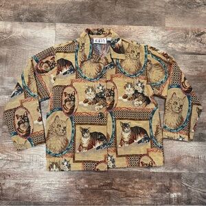 Vintage Keren Hart Tapestry Cat Print Button Down Embroidered Jacket Size Medium